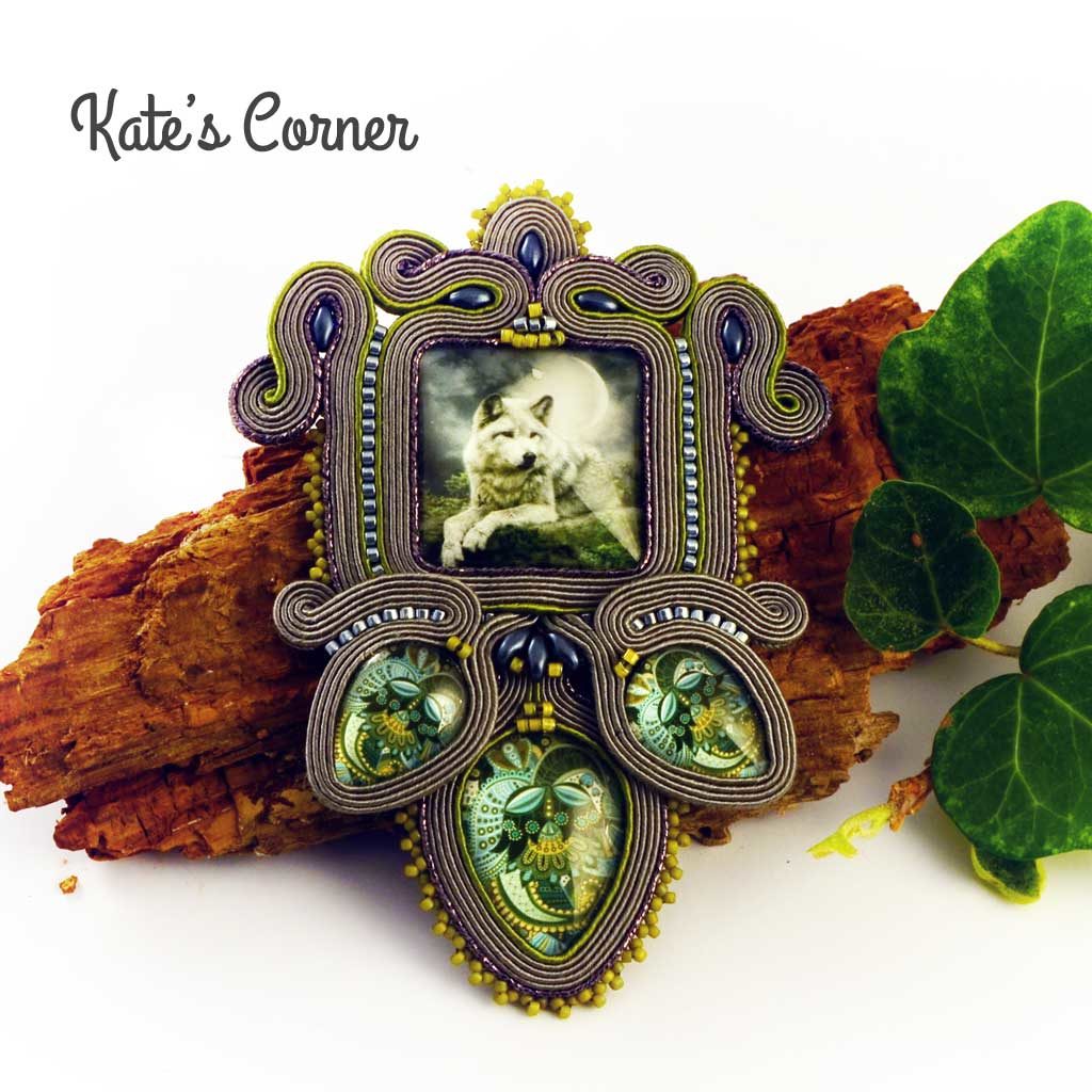 Grey soutache pendant with wolf